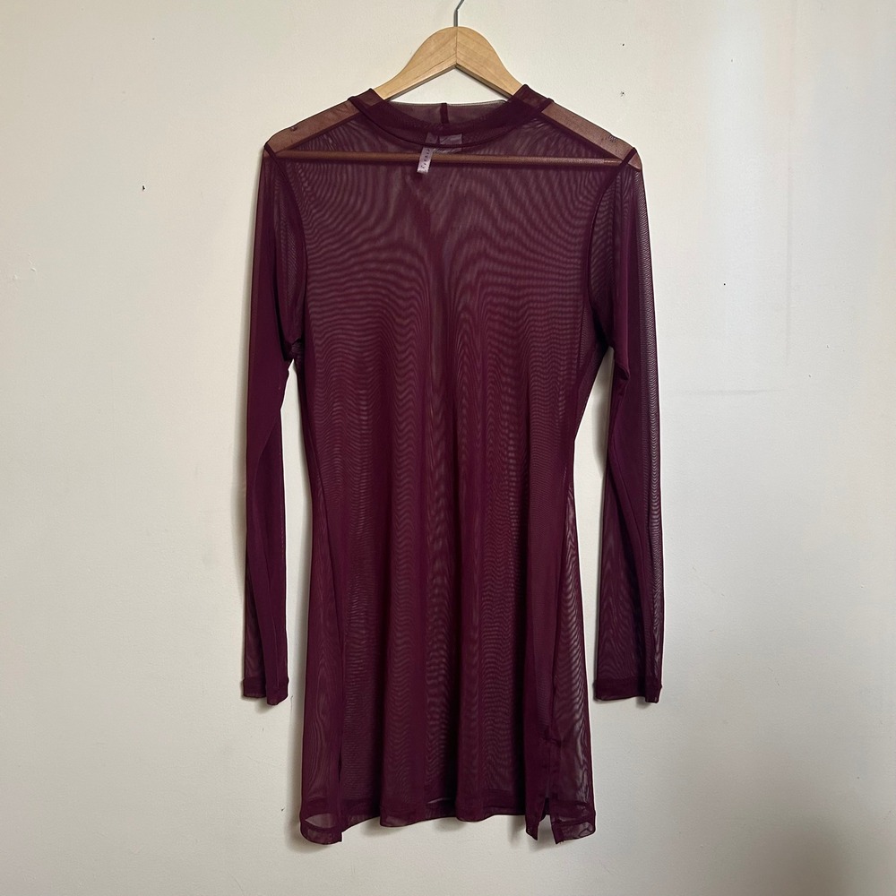 Sanctuary Sheer Mesh Long Sleeve Mock Neck Tunic Burgundy Large